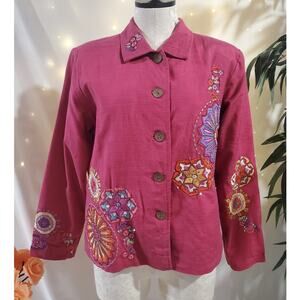 Alex Kim Boho Art to Wear Embroidered Sequin Jacket Womens Size 2X Pink Button